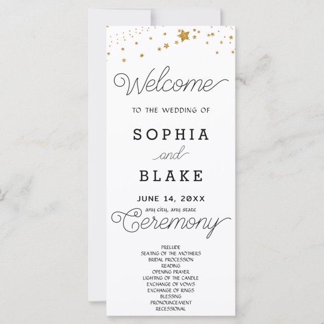 Gold Stars Celestial White Wedding Program (Front)