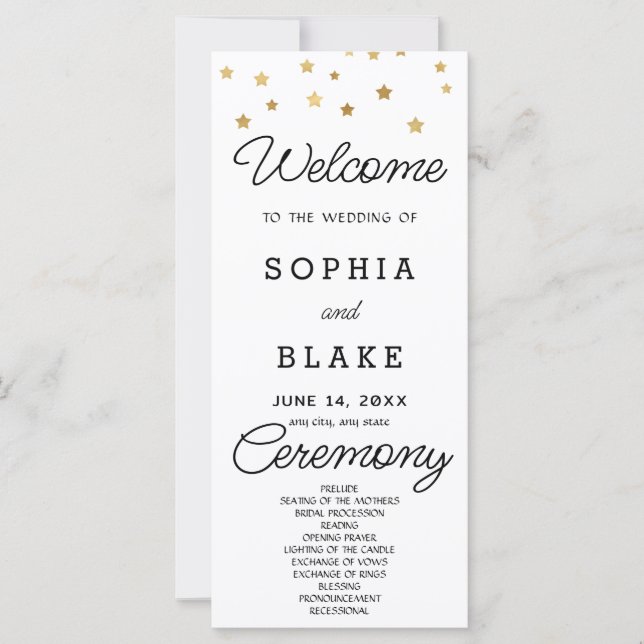 Gold Stars Celestial White Wedding Program (Front)