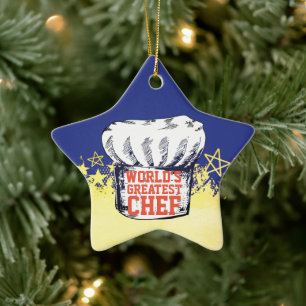 Gold stars chef hat worlds greatest chef Christmas Ceramic Ornament