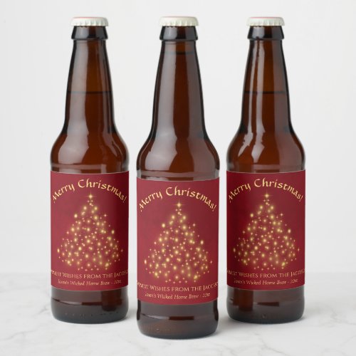 Gold Stars Christmas Tree on Red Fun Holiday Beer Bottle Label