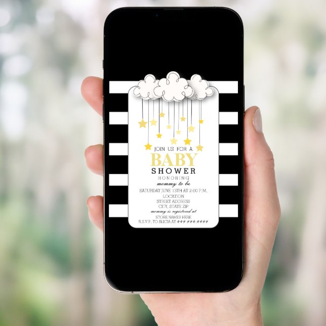 Gold Stars Cloud Black + White Neutral Baby Shower Invitation (Front Digital)
