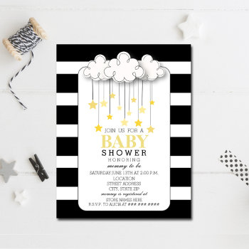 Gold Stars Cloud Black   White Neutral Baby Shower Invitation by JillsPaperie at Zazzle