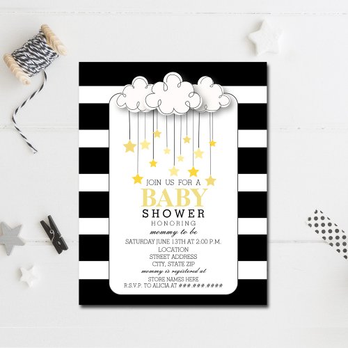 Gold Stars Cloud Black  White Neutral Baby Shower Invitation