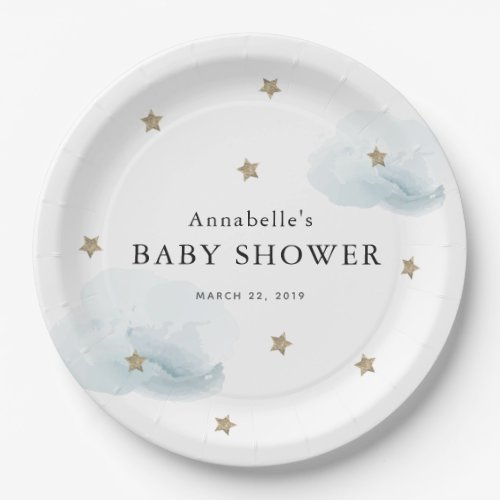 Gold Stars  Clouds Baby Shower Paper Plate