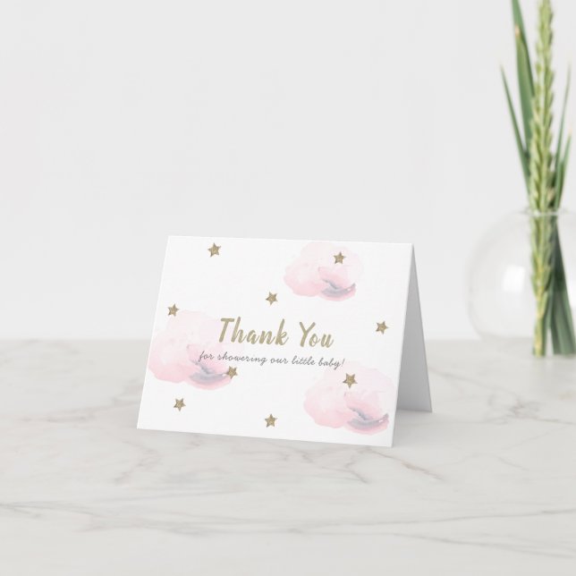 Gold Stars & Clouds Baby Shower Pink Thank You Card (Front)