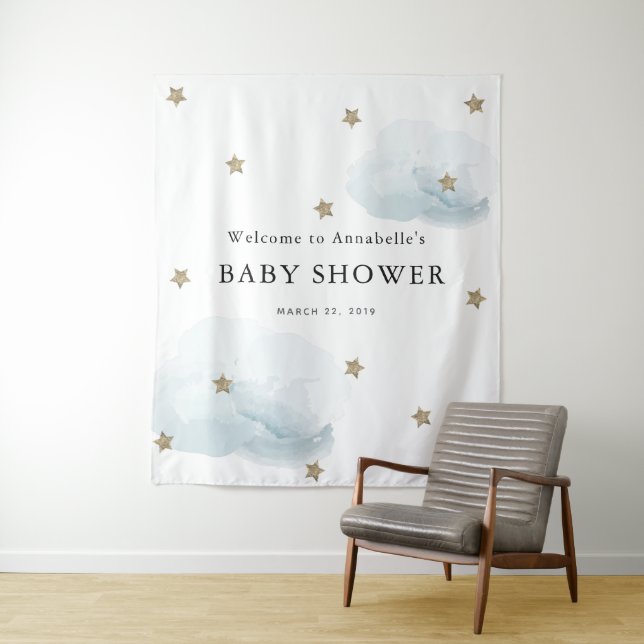 Gold Stars & Clouds Baby Shower Tapestry (In Situ)