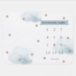 Gold Stars &amp; Clouds Blue Boy Monthly Milestone Baby Blanket at Zazzle