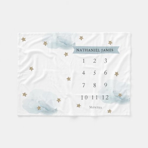 Gold Stars  Clouds Blue Boy Monthly Milestone Fleece Blanket