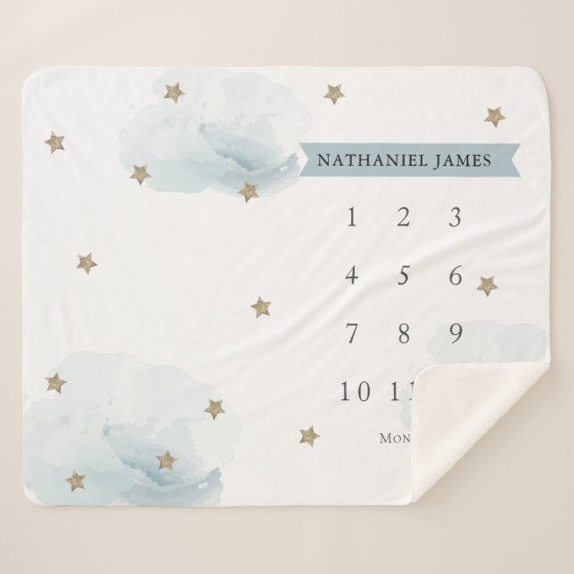 Gold Stars & Clouds Blue Boy Monthly Milestone Sherpa Blanket (Front (Horizontal))