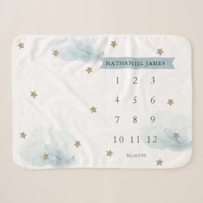 Gold Stars & Clouds Blue Boy Monthly Milestone Sherpa Blanket