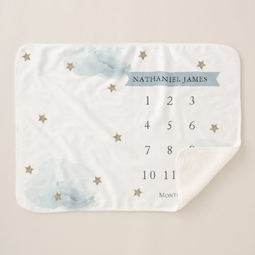 Gold Stars  Clouds Blue Boy Monthly Milestone Sherpa Blanket