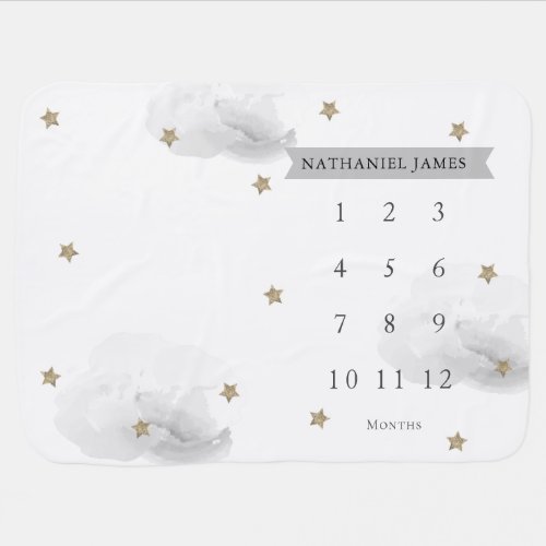 Gold Stars  Clouds Gray Monthly Milestone Baby Blanket