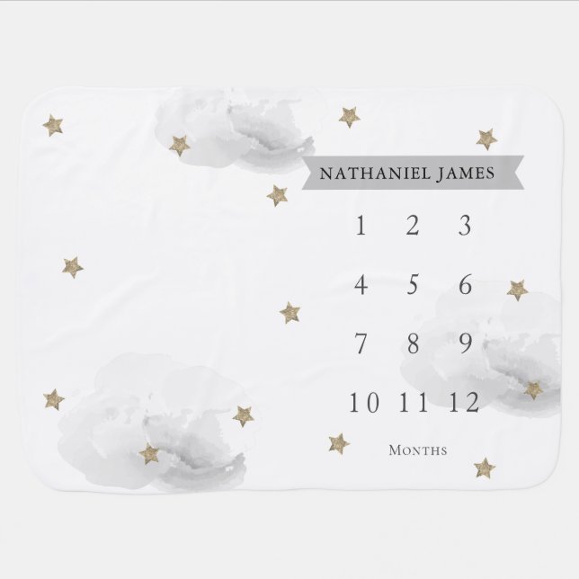 Gold Stars & Clouds Gray Monthly Milestone Baby Blanket (Horizontal)