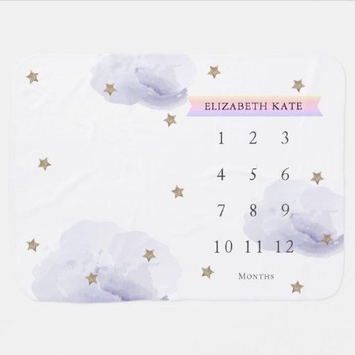 Gold Stars  Clouds Lavender Monthly Milestone Baby Blanket