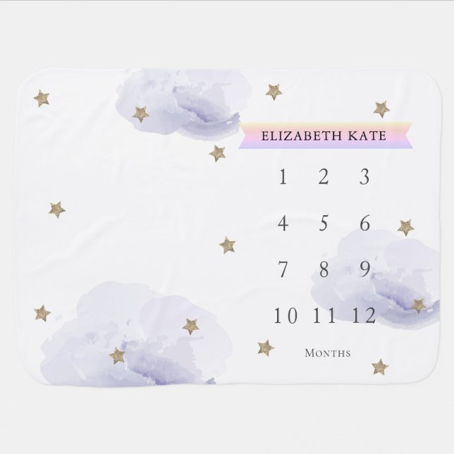 Gold Stars & Clouds Lavender Monthly Milestone Baby Blanket (Horizontal)