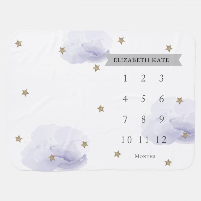 Gold Stars & Clouds Lavender Monthly Milestone Baby Blanket (Horizontal)