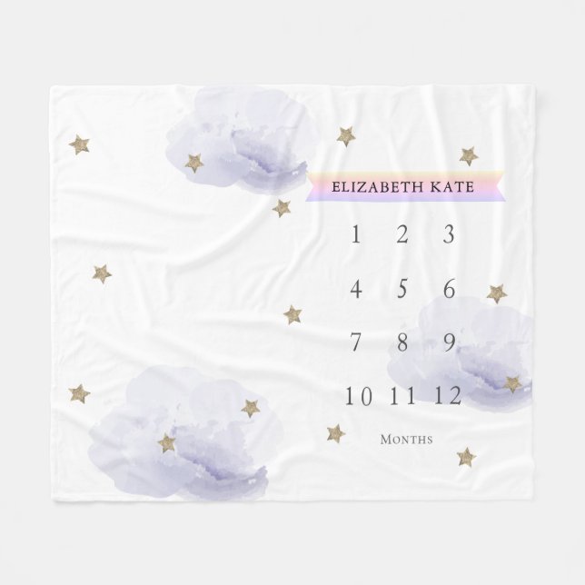 Gold Stars & Clouds Lavender Monthly Milestone Fleece Blanket (Front (Horizontal))