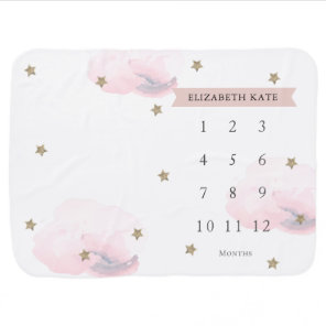 Gold Stars & Clouds Pink Girl Monthly Milestone Baby Blanket