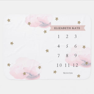 Gold Stars & Clouds Pink Girl Monthly Milestone Baby Blanket