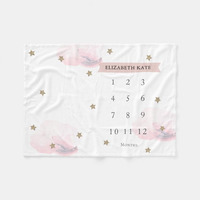Gold Stars & Clouds Pink Girl Monthly Milestone Fleece Blanket (Front (Horizontal))