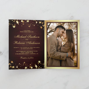 Gold Stars Confetti Barn Wood QR Code Wedding Invitation