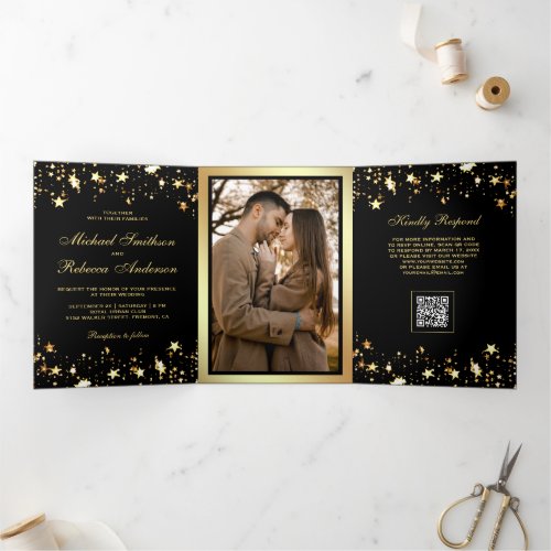 Gold Stars Confetti Black QR Code Wedding Tri-Fold Invitation