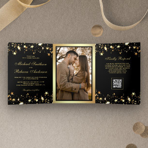 Gold Stars Confetti Black QR Code Wedding Tri-Fold Invitation
