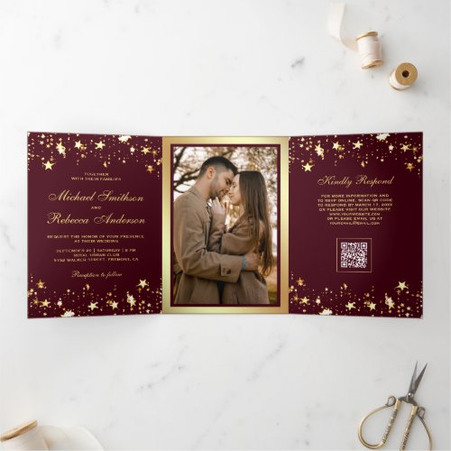 Gold Stars Confetti Burgundy QR Code Wedding Tri-Fold Invitation