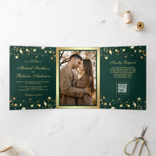 Gold Stars Confetti Emerald Green QR Code Wedding Tri-Fold Invitation