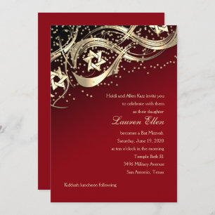 Gold Stars Confetti Flourish Bat Mitzvah Black Invitation