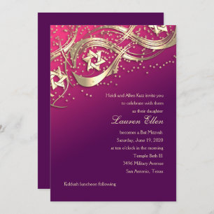 Gold Stars Confetti Flourish Bat Mitzvah Pink Invitation