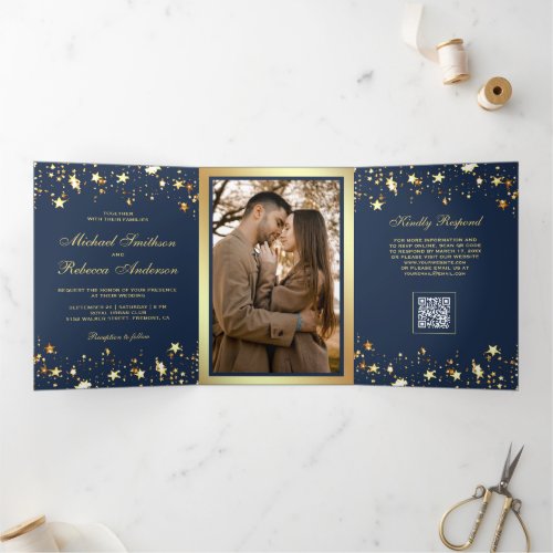 Gold Stars Confetti Navy Blue QR Code Wedding Tri-Fold Invitation