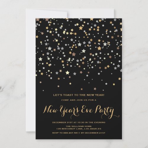 Gold Stars Confetti  New Years Eve Invitation