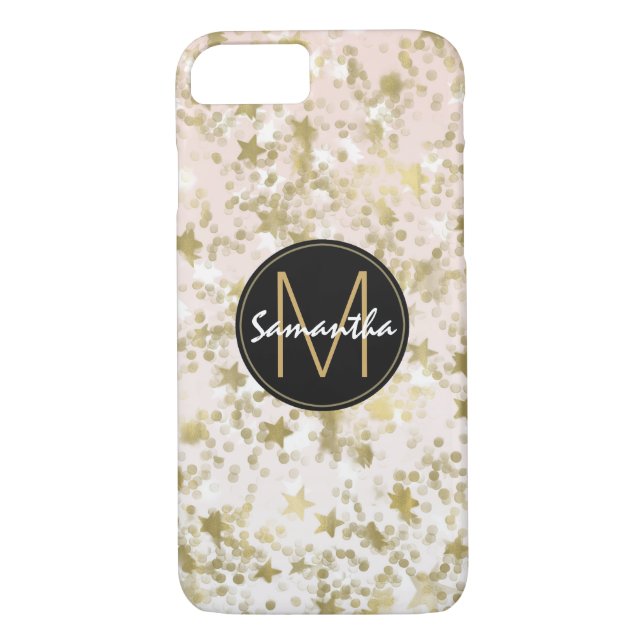 Gold Stars Confetti Peach Monogram Case-Mate iPhone Case (Back)