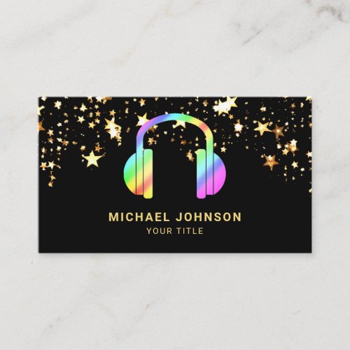 Gold Stars Confetti Rainbow Headphones Music DJ Business Card