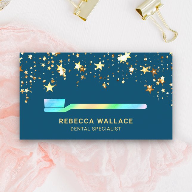 Gold Stars Confetti Rainbow Toothbrush Dentist Business Card (Creator Uploaded)