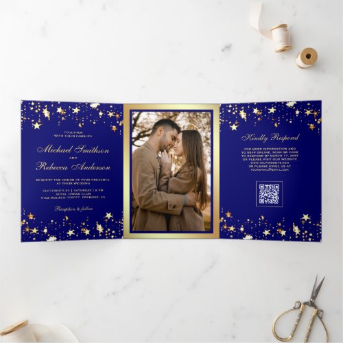 Gold Stars Confetti Royal Blue QR Code Wedding Tri-Fold Invitation