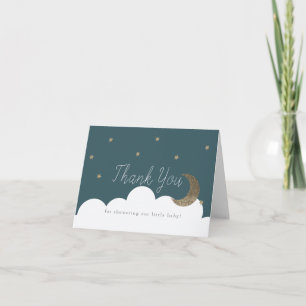 Gold Stars & Crecsent Moon Navy Blue Baby Shower Letterpress Thank You Card