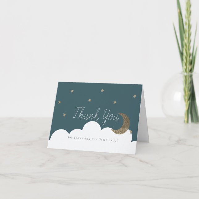 Gold Stars & Crecsent Moon Navy Blue Baby Shower Thank You Card (Front)