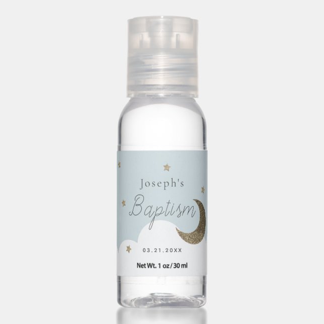 Gold Stars & Crescent Moon Baby Blue Boy Baptism Hand Sanitizer (Front)