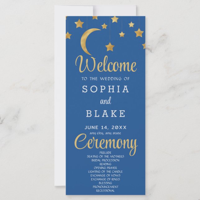Gold Stars Crescent Moon Blue Wedding Program (Front)