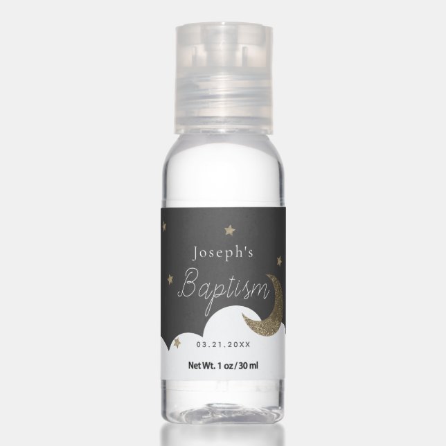 Gold Stars & Crescent Moon Navy Blue Baptism Hand Sanitizer (Front)
