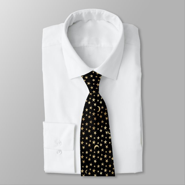 Gold Stars Crescent Moons Pattern Neck Tie (Tied)