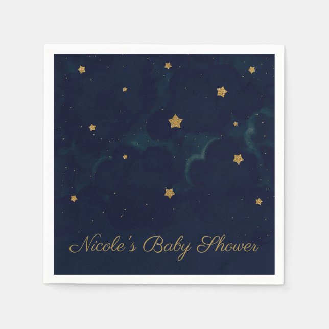 Gold Stars Dark Blue Night Sky Baby Shower Party Napkins (Front)