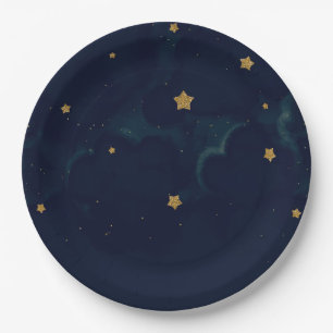 Gold Stars Dark Blue Night Sky Baby Shower Party Paper Plates