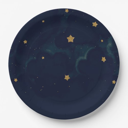 Gold Stars Dark Blue Night Sky Baby Shower Party Paper Plates