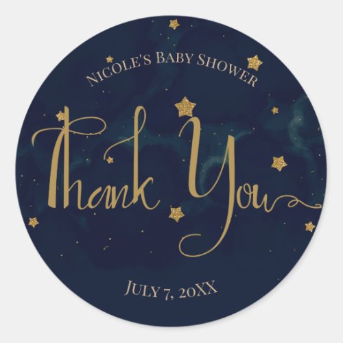 Gold Stars Dark Blue Night Sky Baby Shower Twins Classic Round Sticker
