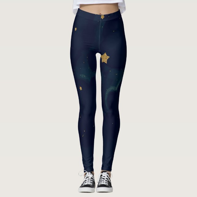 Gold Stars & Dark Blue Sky Clouds Cute Celestial Leggings (Front)
