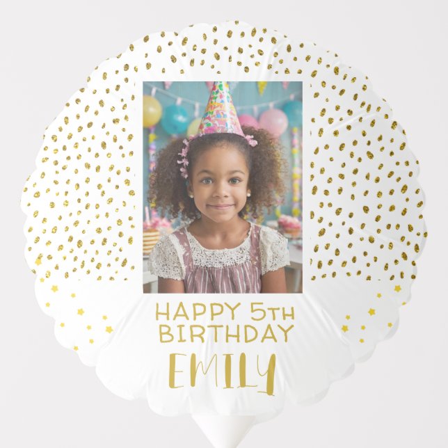 Gold Stars Faux Glitter Birthday Kids Girl Photo Balloon (Front)