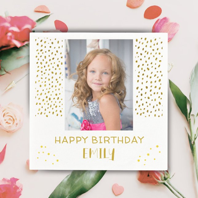 Gold Stars Faux Glitter Birthday Kids Girl Photo Napkins (Creator Uploaded)